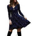 thumbnail image 1 of DYMADE Women Long Sleeve Slim Floral V-Neck Flare Dress, 1 of 4