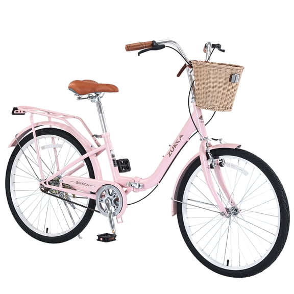 LuckyNote 24 Inch Single Speed Folding Lady Bike Durable Steel Frame Compact Design Pink