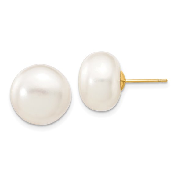 14K Yellow Gold 12-13mm White Button FW Cultured Pearl Stud Earrings