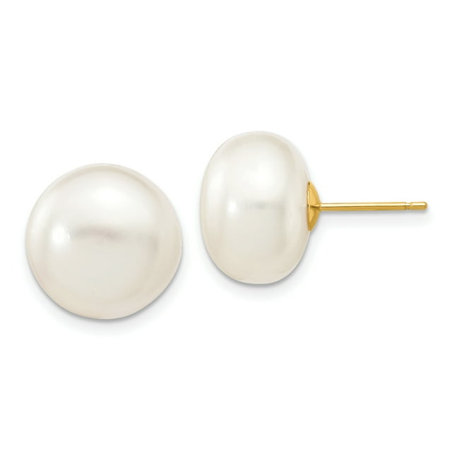14K Yellow Gold 12-13mm White Button FW Cultured Pearl Stud Earrings