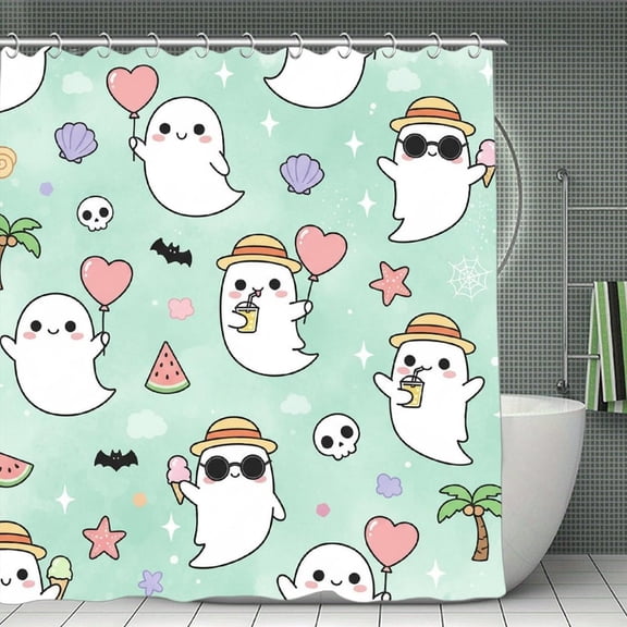 Kawaii Spooky Season Print Shower Curtain,Modern Fabric Waterproof Shower Curtain Set with Hooks,70.8×70.8Inch