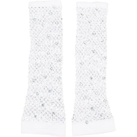 Nylon Mesh Long Gloves with Rhinestones for Carnival Garment Accessories White 270x65~85x3.5mm