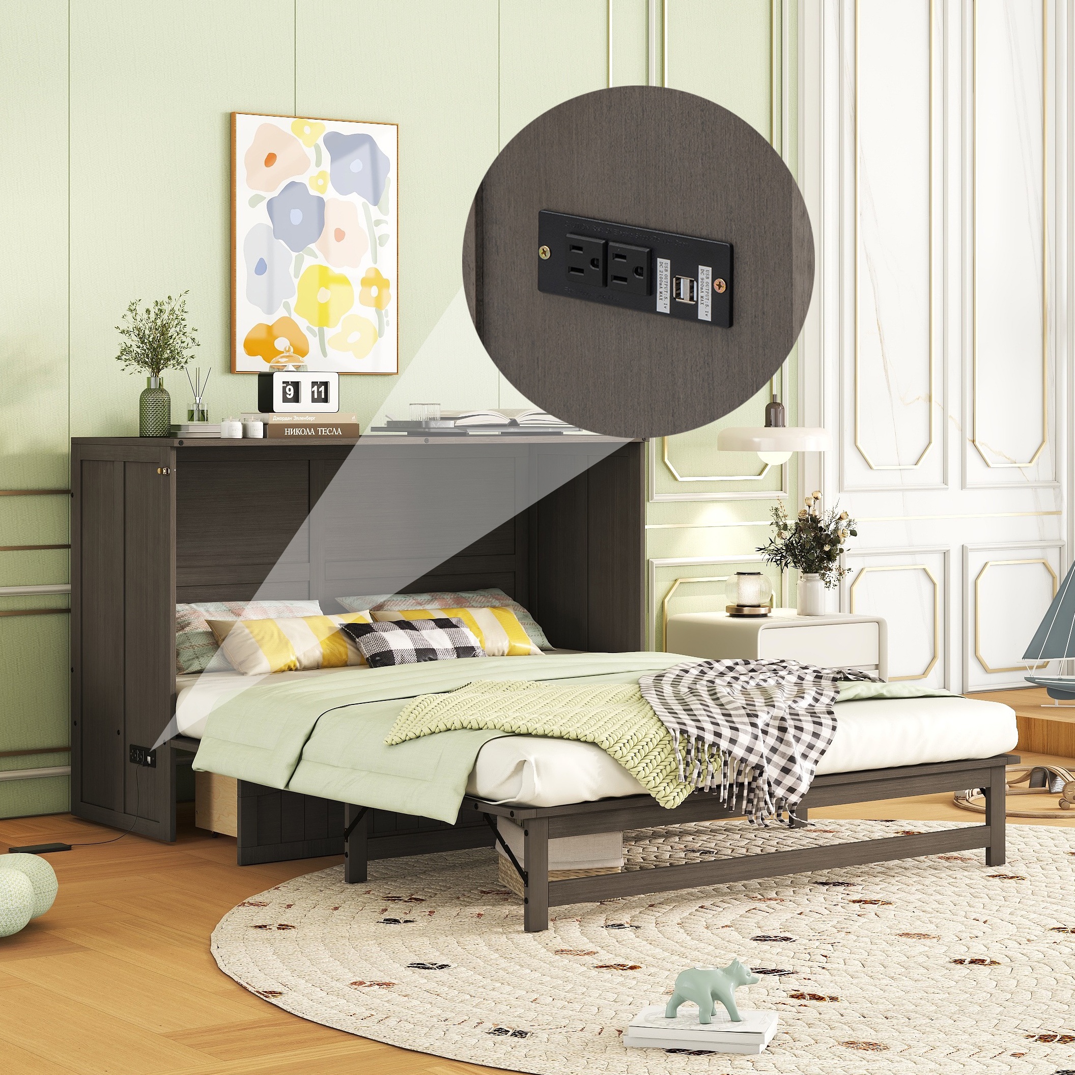 Bellemave Queen Size Murphy Bed with Charging Station, Wooden Murphy Cabinet Bed with Storage Drawer, Foldable Queen Size Platform Bed Frame for Guest Room Home Office (Antique Gray)