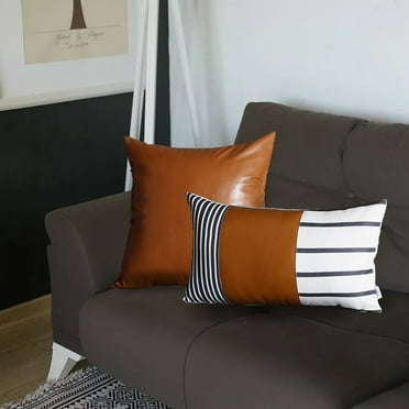 Boho Mixed Set of 2 Handcrafted Vegan Faux Leather Brown Geometric Throw Pillow Cover for Couch, Bedding