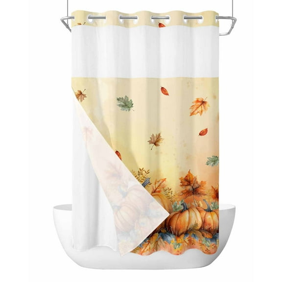 No Hook Cloth Fabric Shower Curtain with Snap in Liner, Orange Pumpkin Fall Waterproof Shower Curtains Set with See Through Top Window, Thanksgiving Maple Leave Farmhouse Bath Curtains Shower 36"x72"