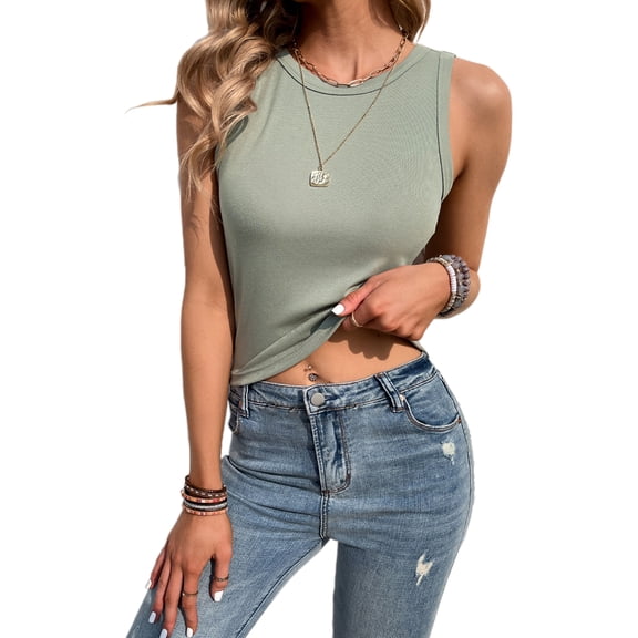 Womens Solid Round Neck Ribbed Summer Tank Top Sleeveless Racerback Cropped Basic Camisole Shirt Top(GR-L)