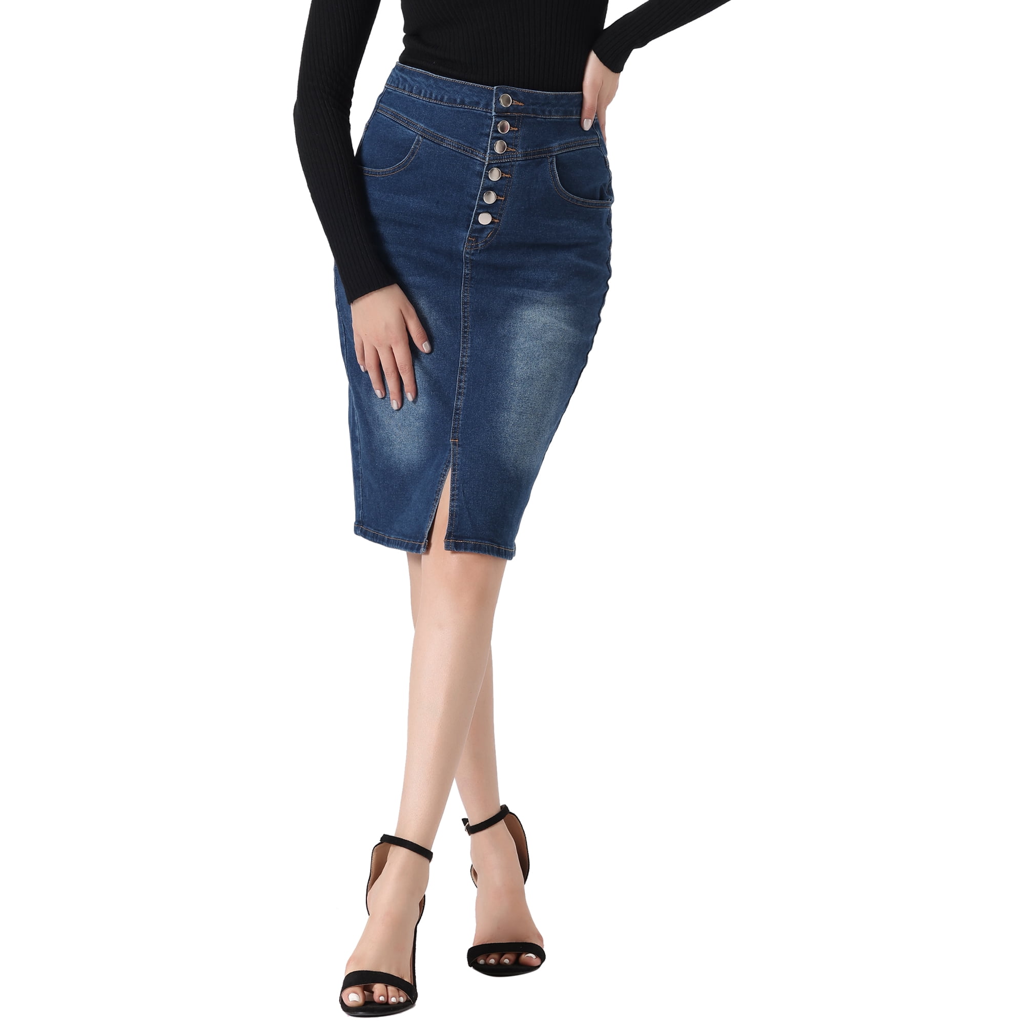 Unique Bargains Women s Casual Jean Skirt High Waist Front Slit Stretch A Line Denim Skirts Dark Blue M Walmart