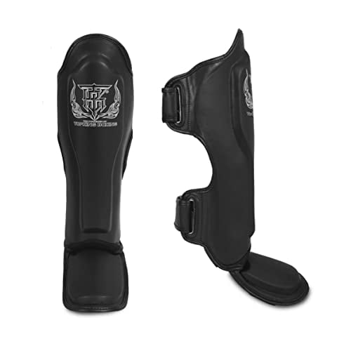 Top King New Pro Leather Shin Guards for Muay Thai- Black, XL