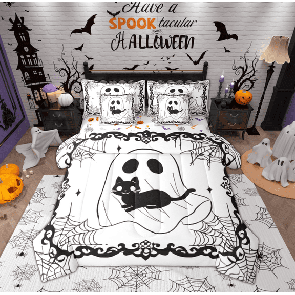 Feelyou Funny Halloween Ghost Bedding Comforter Set 7-Piece, Gothic Spider Web King Bedding Sets, Teens Boys Girls Kids Reversible Bed Sheets, Super Cozy Room Decor