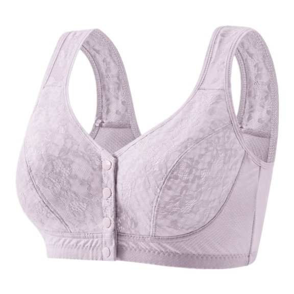 Fmbrln Womens Wireless Bra Plus Size Front Closure Lace Splice Fixed Cup Push Up Breathable Wirefree Bra Everyday Bras for Daily Comfy Purple 2XL