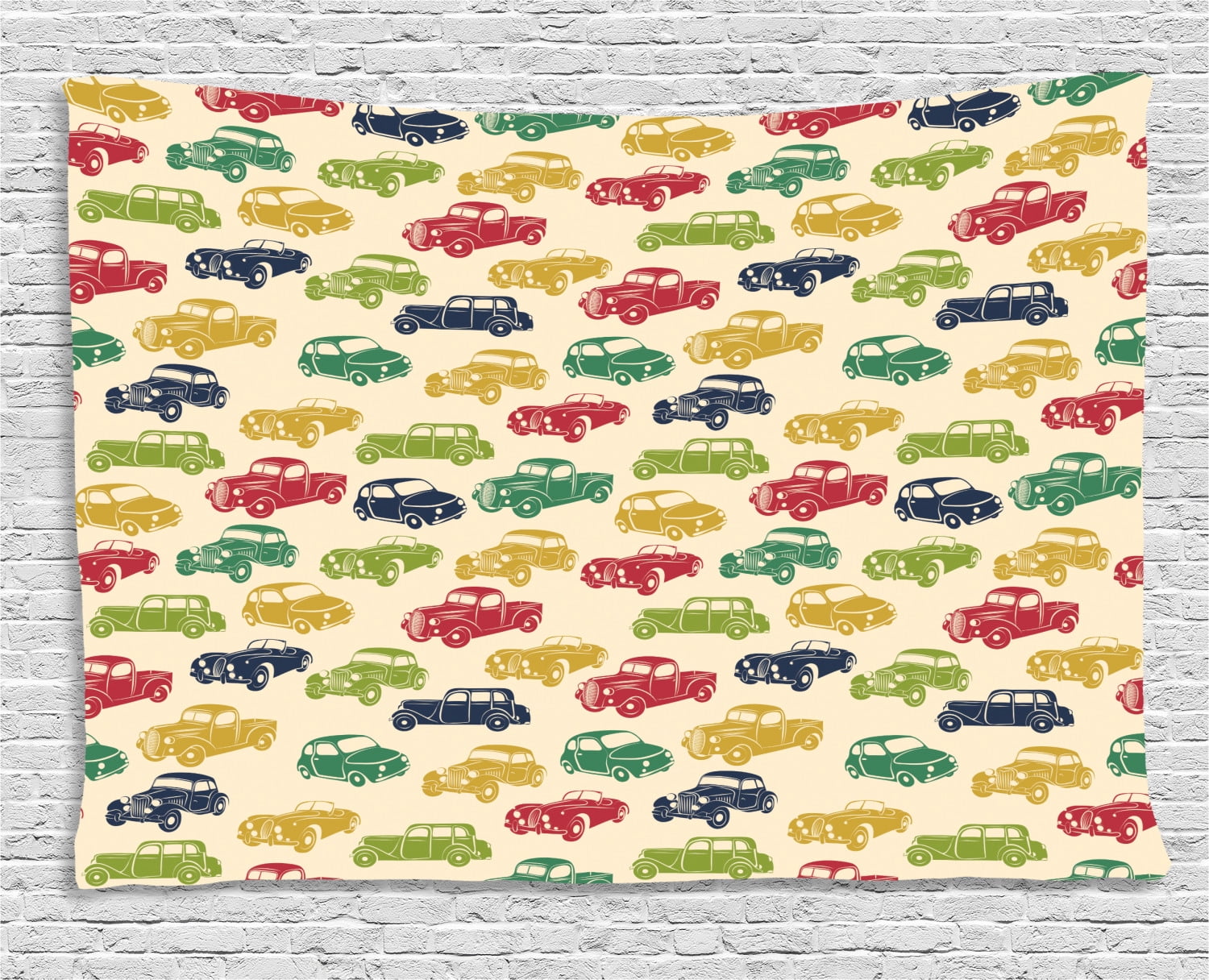 Cars Tapestry, Various Vehicles with Curved Edges Vintage Car Designs from Fifties, Wall Hanging
