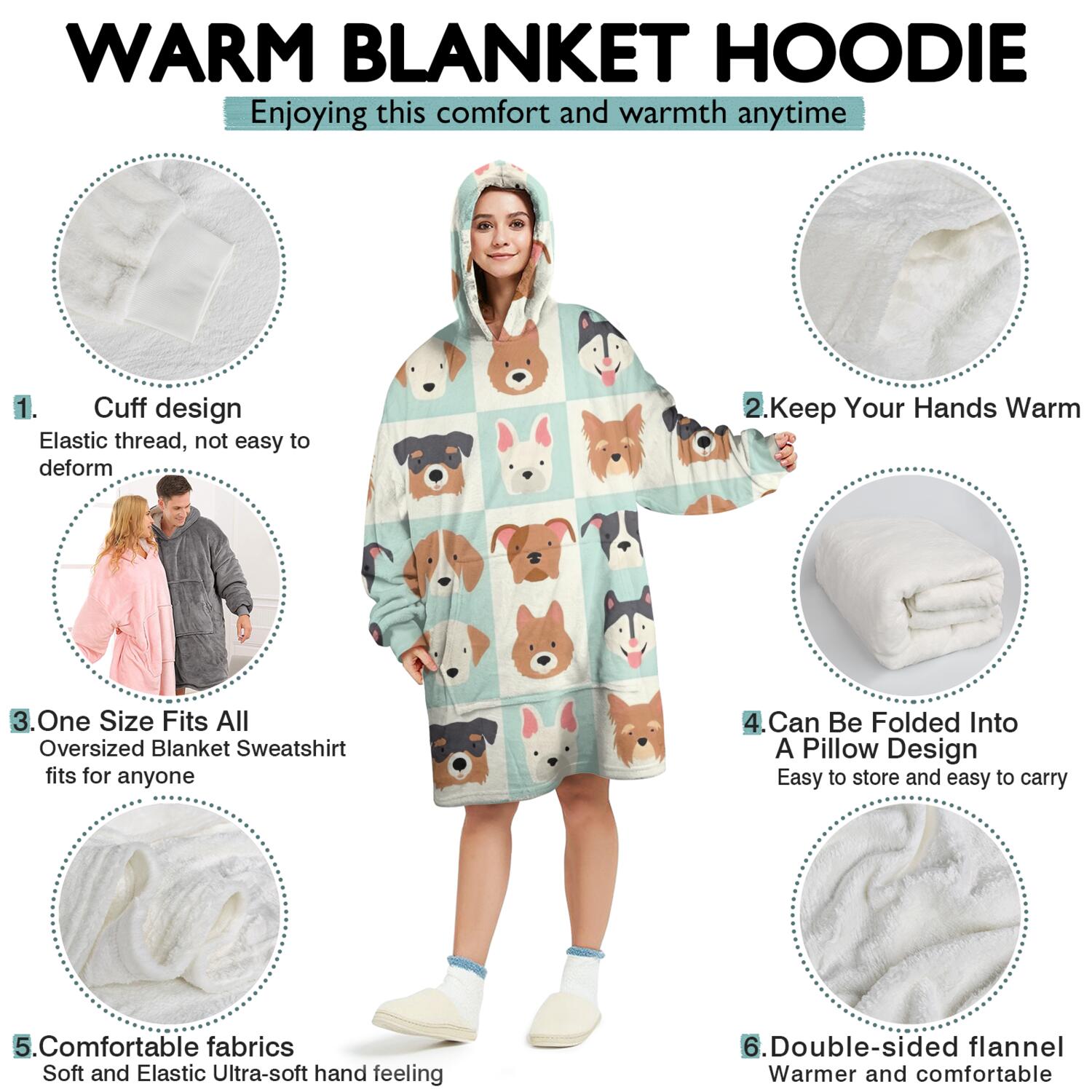 Lovely Dog Breeds Wearable Oversized Blanket,Wearable Blanket Hoodie for Adults,Cozy Hooded Blankets with Super Pockets,Super Warm Fuzzy Pullover for Women & Men