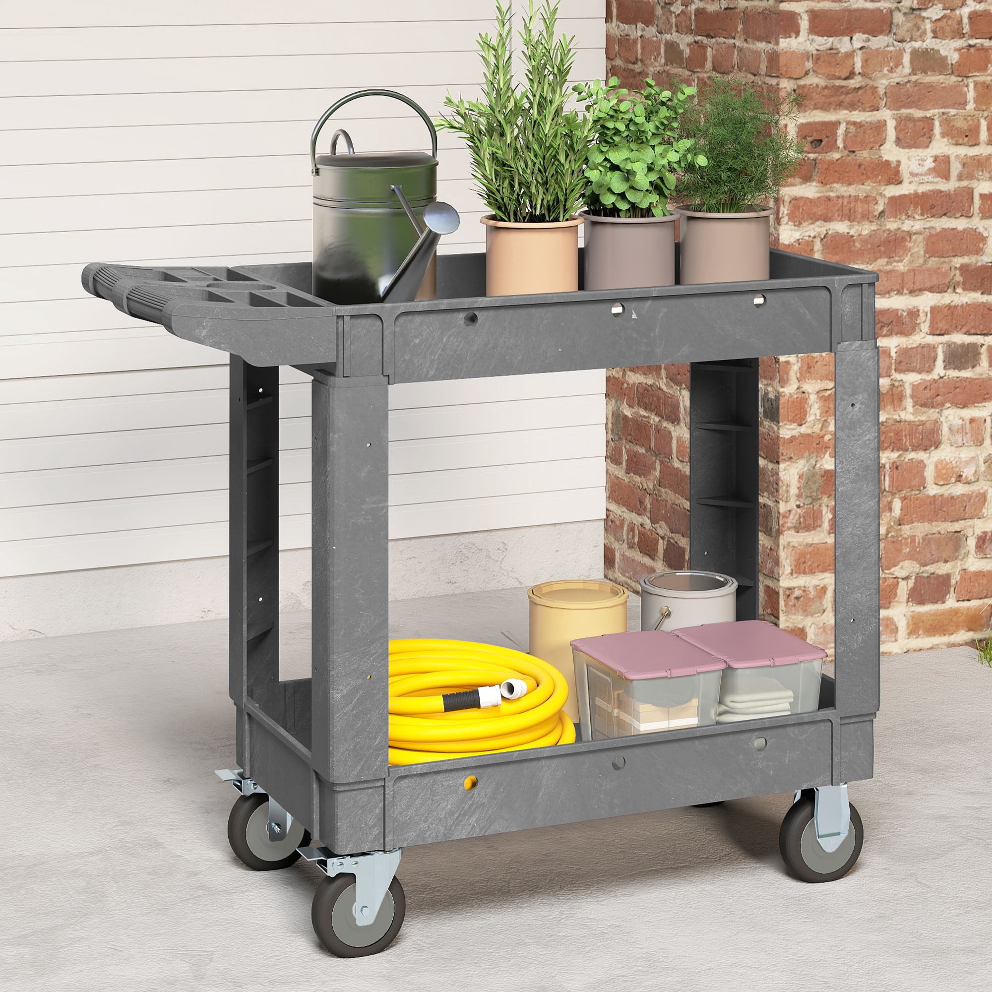 Uforic Heavy-Duty Plastic Utility Cart - 550lbs Capacity, 2-Tier Rolling Storage Organizer with Deep Shelves for Warehouse and Garage, Gray