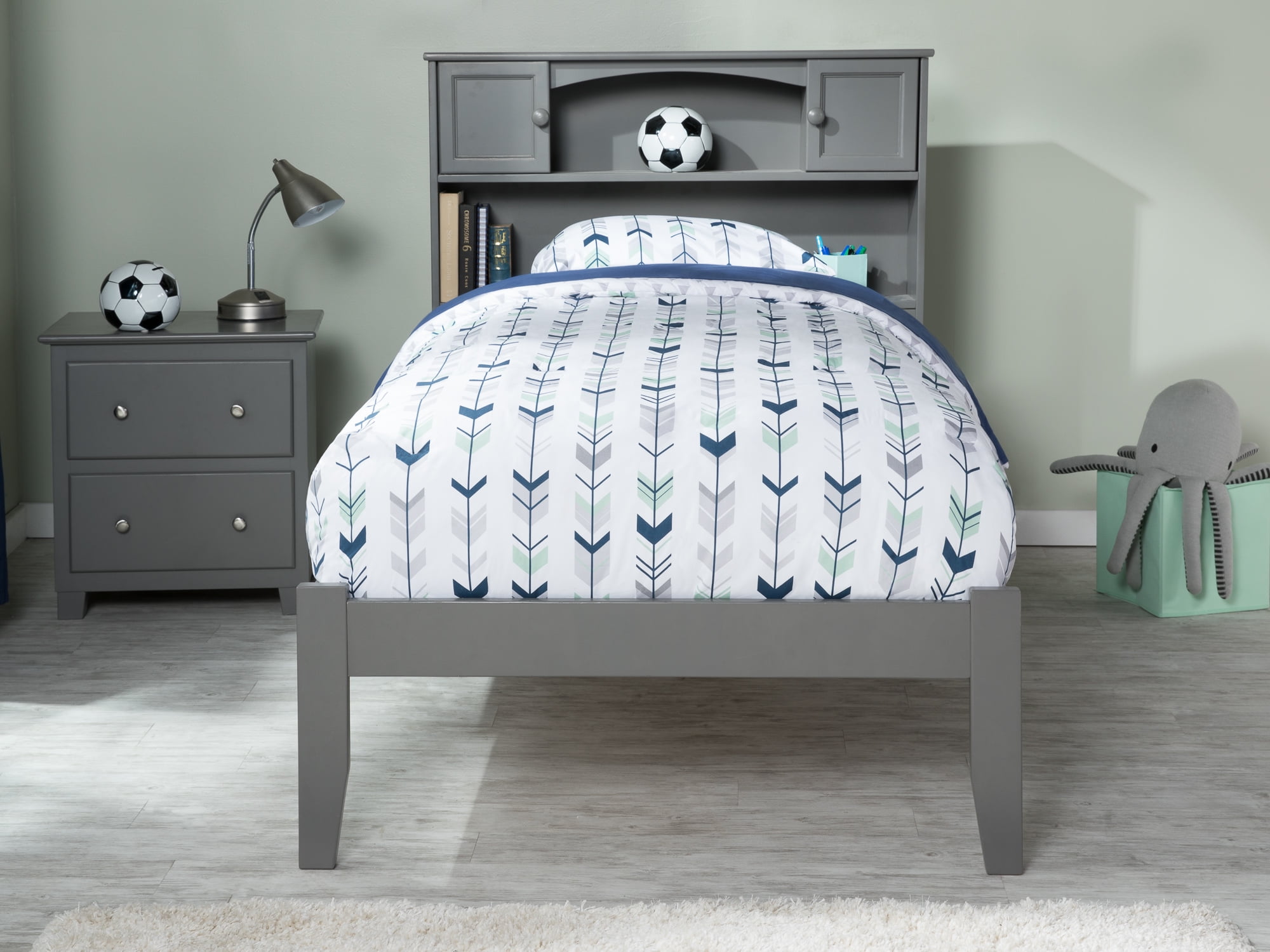 AFI Newport Twin Solid Wood Platform Bed with Storage Headboard, Grey