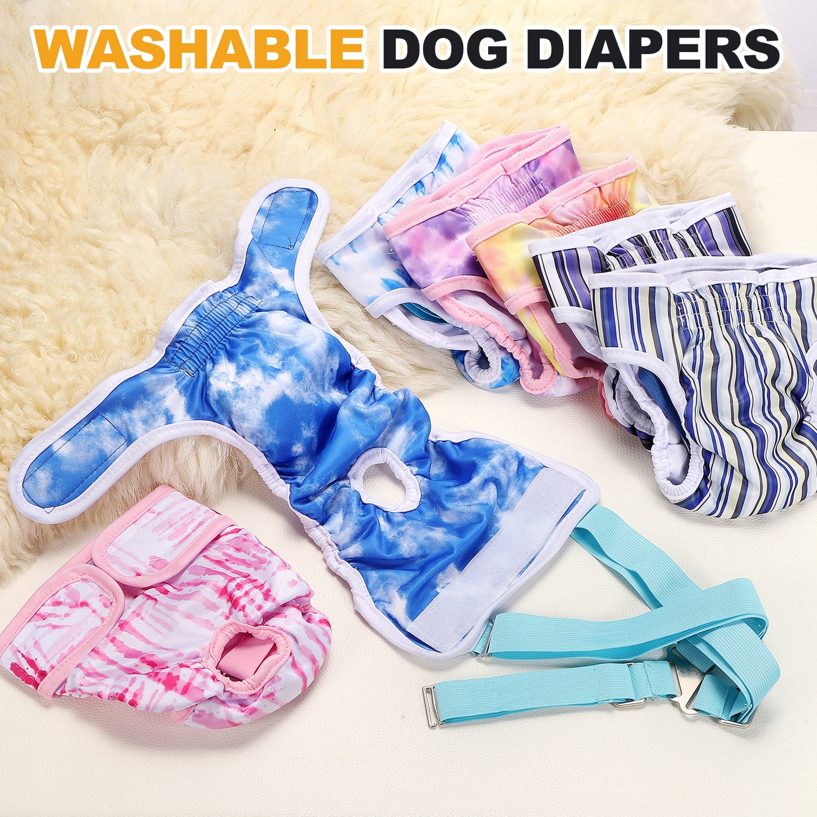 Washable Female Dog Diapers with Suspender, Reusable Dog Diapers Absorbent Leakproof(Striped Blue/Tie-Dye Light Blue M, 2Pcs), Intended for Female in Heat Cycle