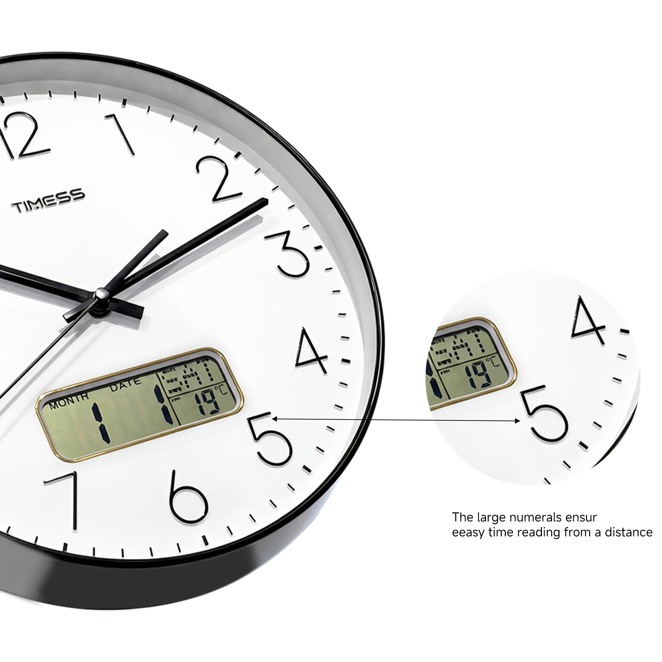 TIMESS 14 Inch Silent Wall Clock with Date Display, Large Easy-Read Numbers, Battery Operated, Modern Home Clock (Black)