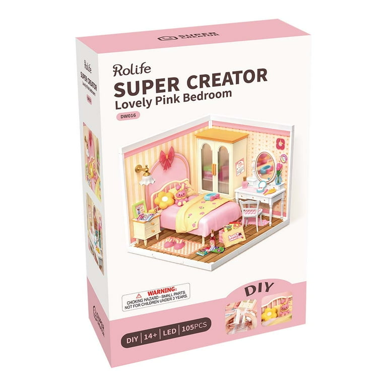 rolife, DIY Miniature Dollhouse, Pink Bedroom, 105 Pieces