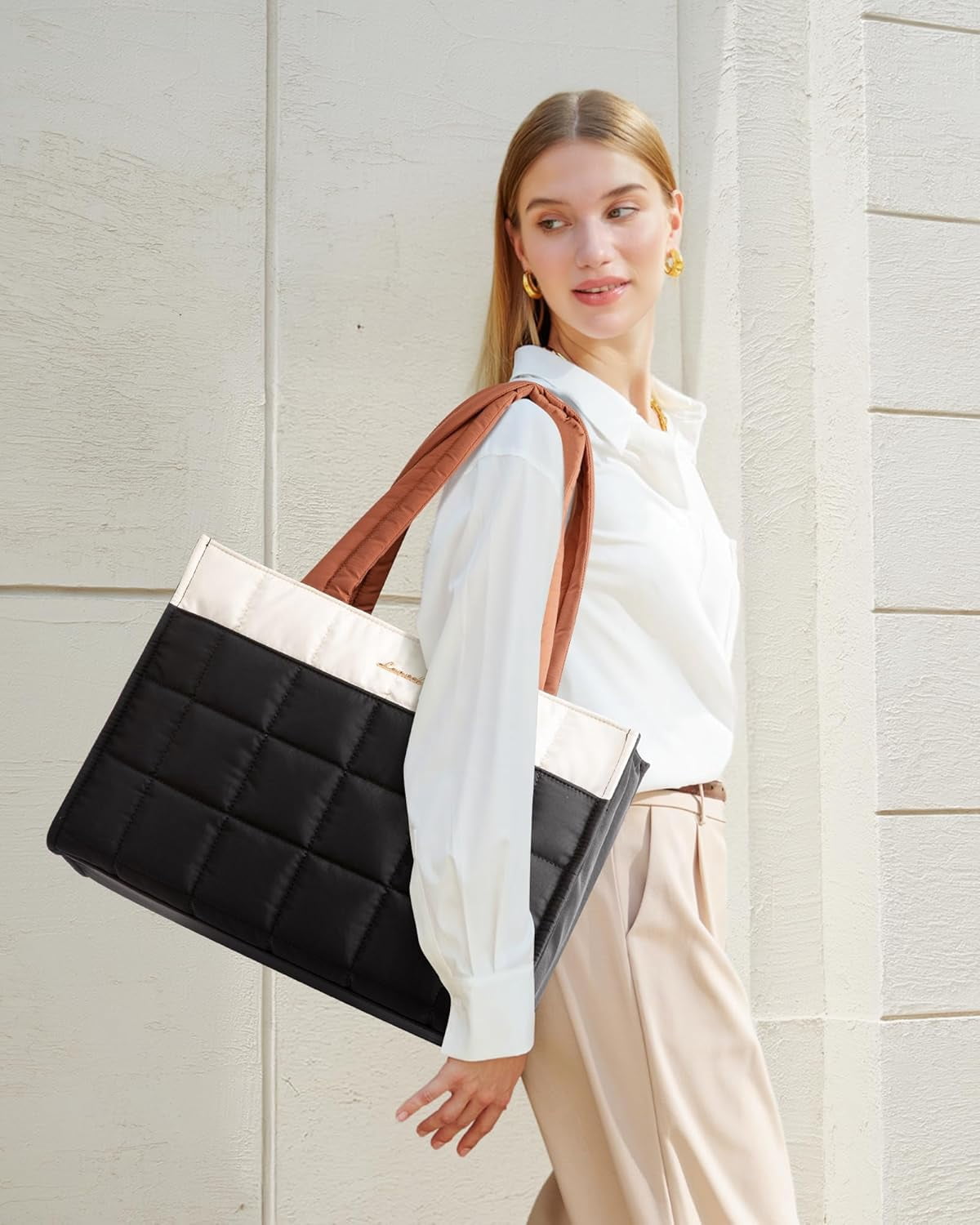 LOVEVOOK Tote Bag for Women, Puffer Work Handbag 15.6 Inch Laptop Purse for Nurse Teacher, Large Quilted Travel Tote Shoulder Bag with Zipper for College Office Clinical Gym, Black