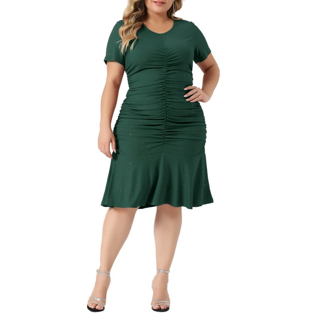 Unique Bargains Robe Grande Taille pour Femmes Col en V Manches Courtes Robes Froncées Pailletées Vert Foncé 2X