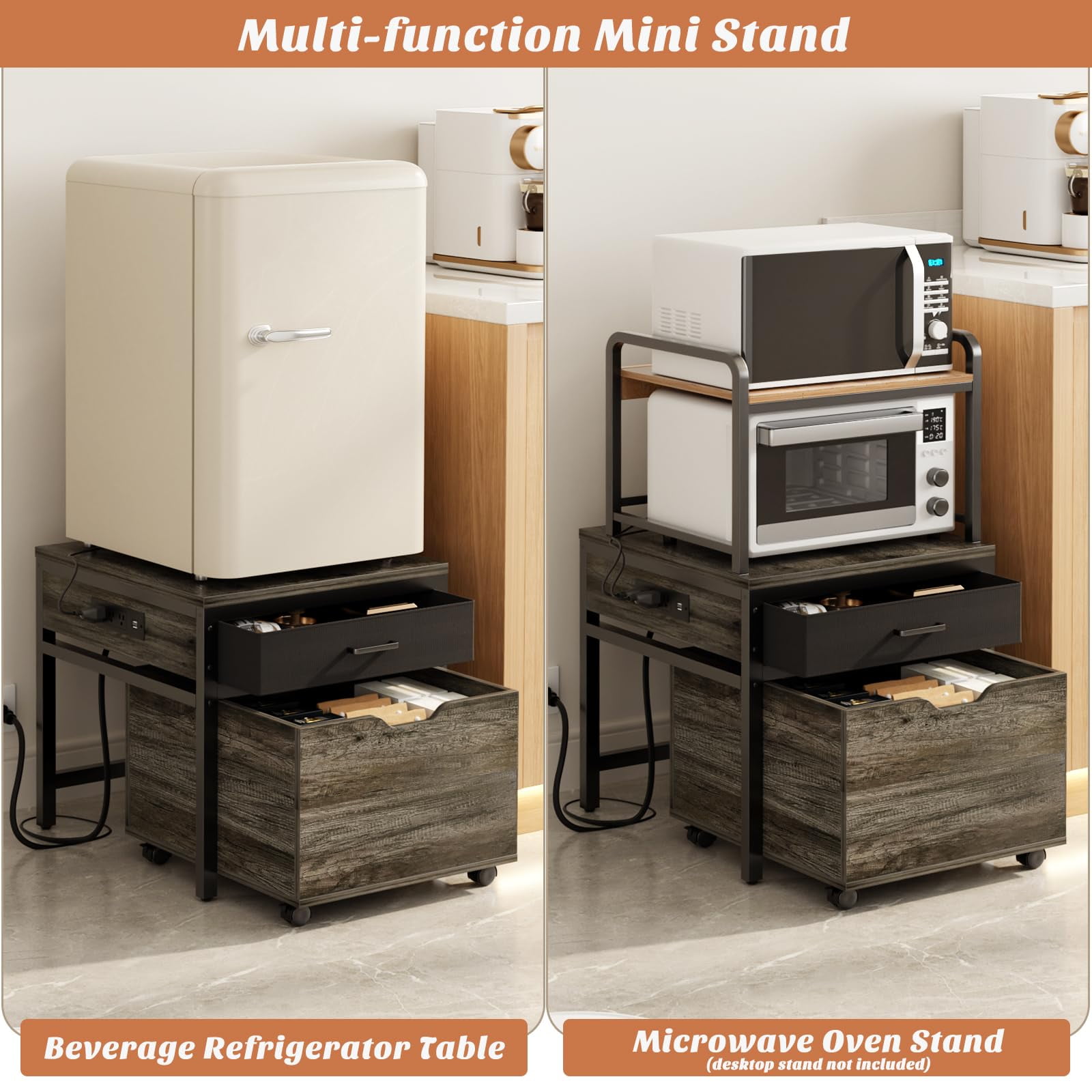 Homieasy Mini Fridge Stand with Drawer Storage & Sockets, Heavy Duty Mini Refrigerator table with Rolling Cabinet for Dorm, Apartment, Office, Mini Fridge and Microwave Stand,Black Oak
