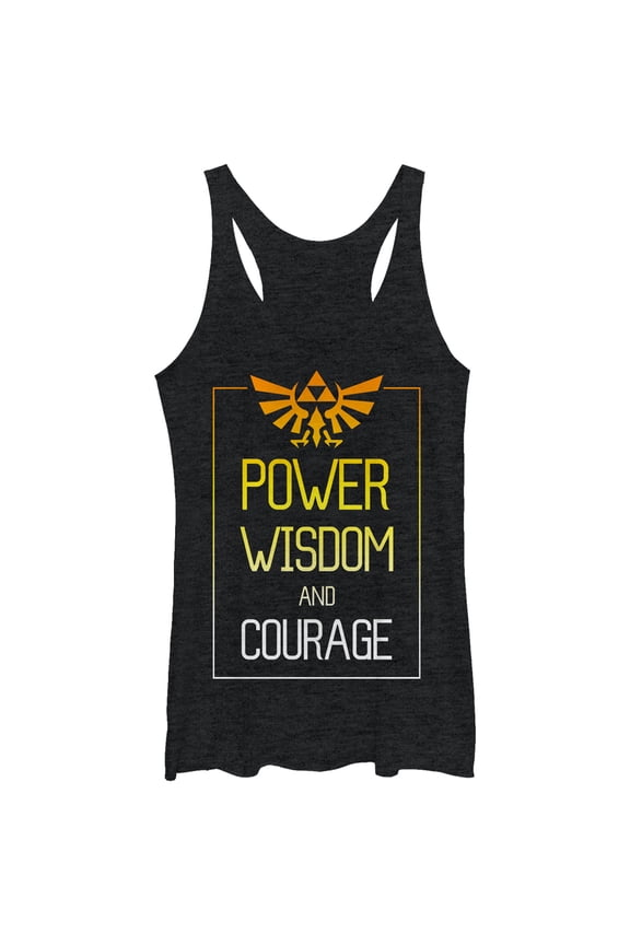 Women's Nintendo Legend of Zelda Power Wisdom Courage Racerback Tank Top Black Heather Medium