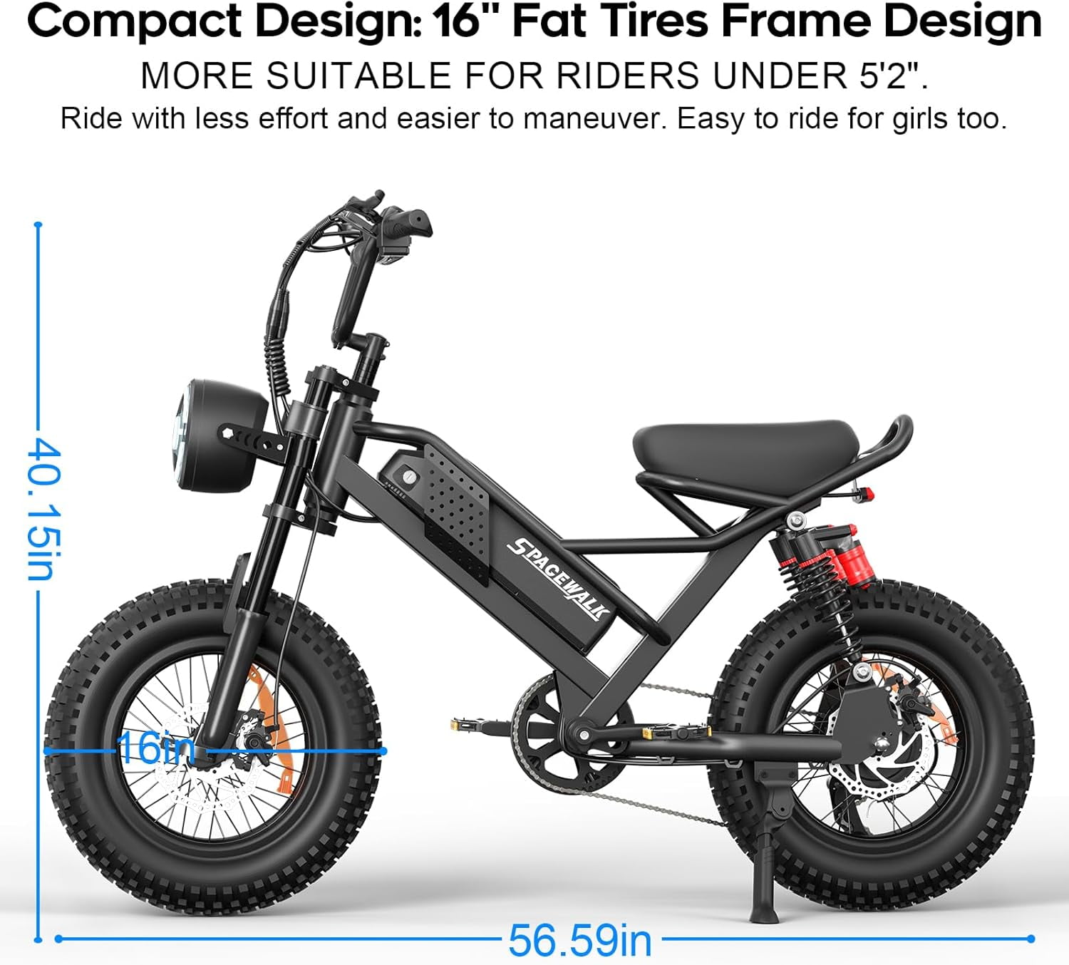 Spacewalk 16" Fat Tire Electric Bike – 750W Motor Mountain Bikes , 21.7MPH, 48V 15Ah Removable Battery, Compact Ebike for 4'10" to 5'5" Riders & Teen