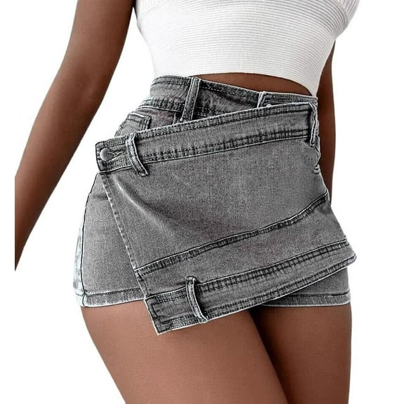 Women Jean Denim Skort Sexy- High Waisted Asymmetrical Short Mini Short Grey XL