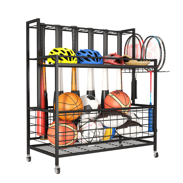 Techvida Sports Equipment Organizer, Ball Storage Rack, Garage Ball Storage, Sports Gear Storage, Rolling Sports Ball Storage Cart