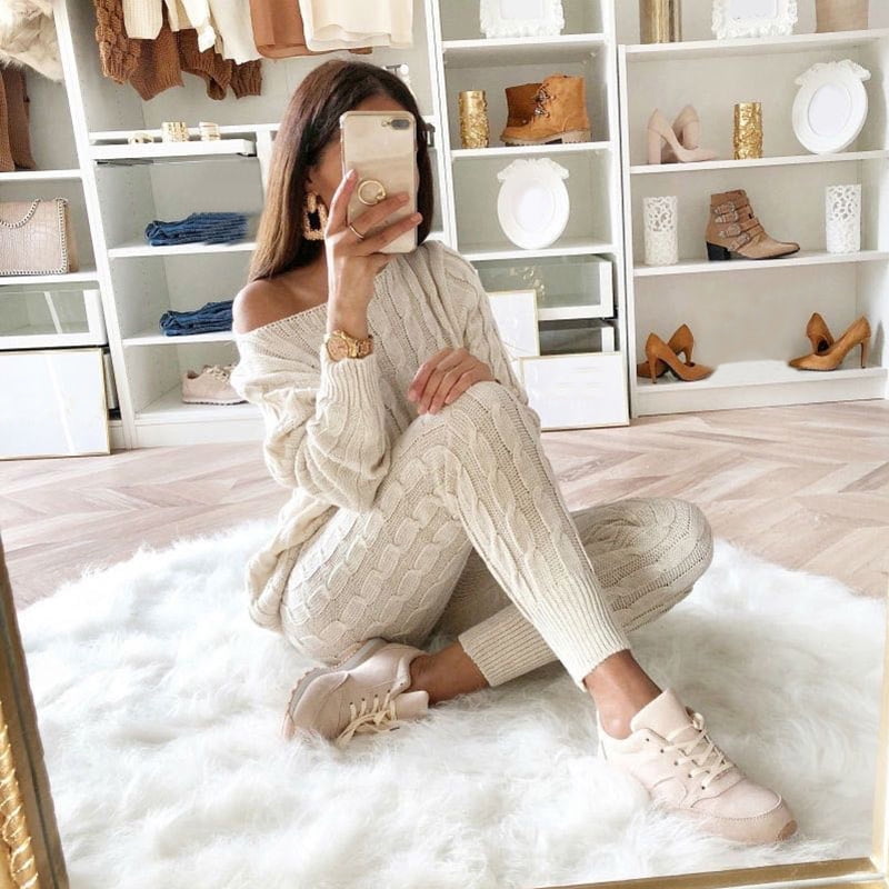 Anself Women Two Piece Set Sweater Tops Pants Cable Knit Twisted One