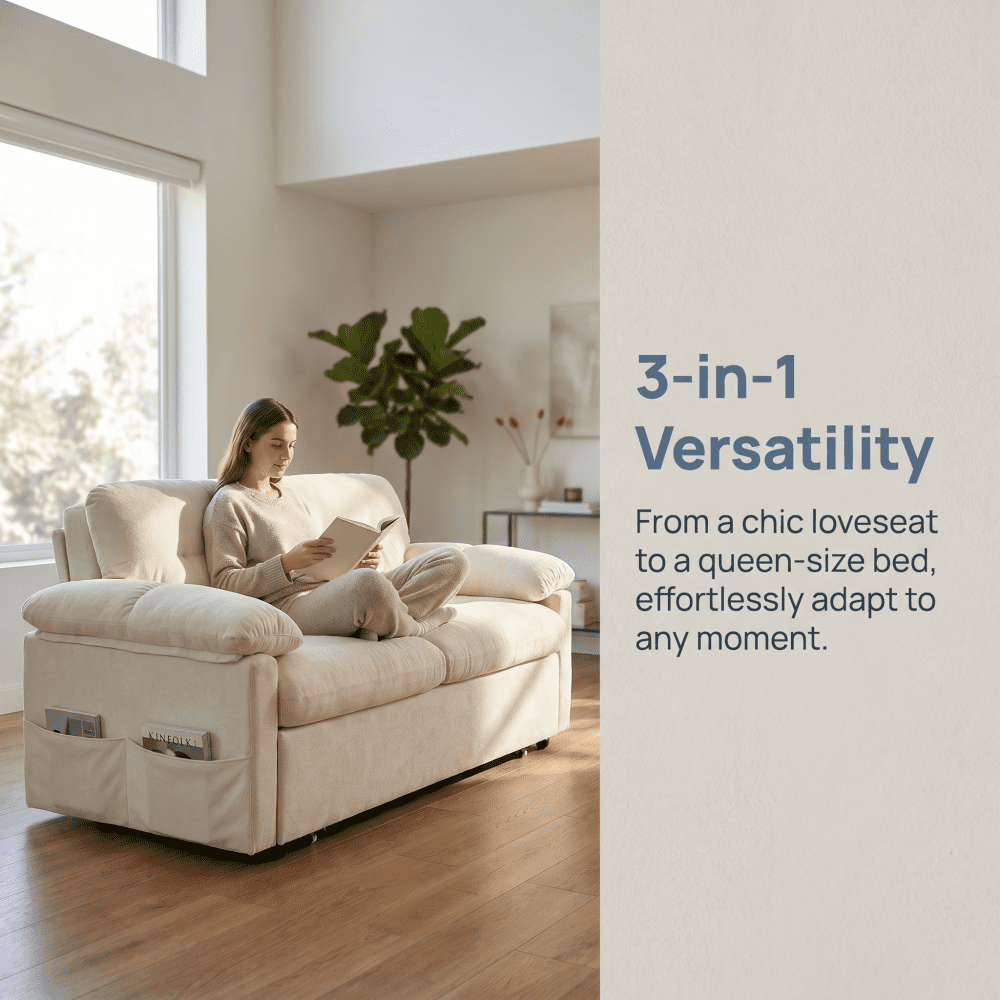 72" Chenille Fabric Sleeper Loveseat Couch, Pull-Out Couch Bed with Silent Casters, Convertible Loveseat Sofa Bed with Side Storage for Living Rooms, Studios, Beige