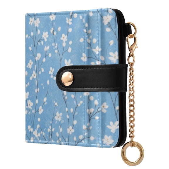 Qxltty Light Blue Background with White Floral Pattern Ladies Wallet Rfid Slim Thin Compact Credit Card Women Wallet Zipper Coin Pocket and ID Window for Female Gifts