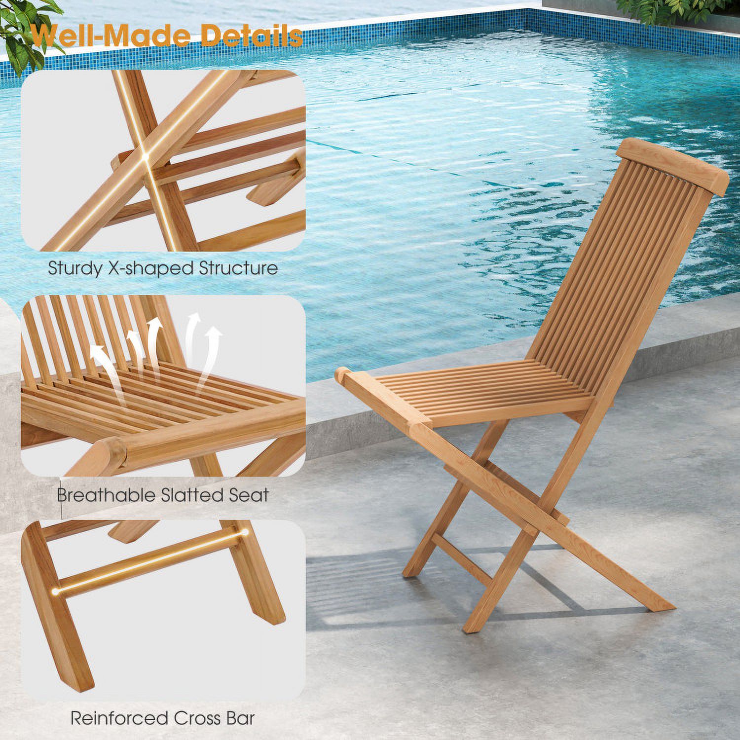 Aimee Lii Set of 2 Teak Patio Folding Chairs with High Back and Slatted Seat, Outdoor Patio Set