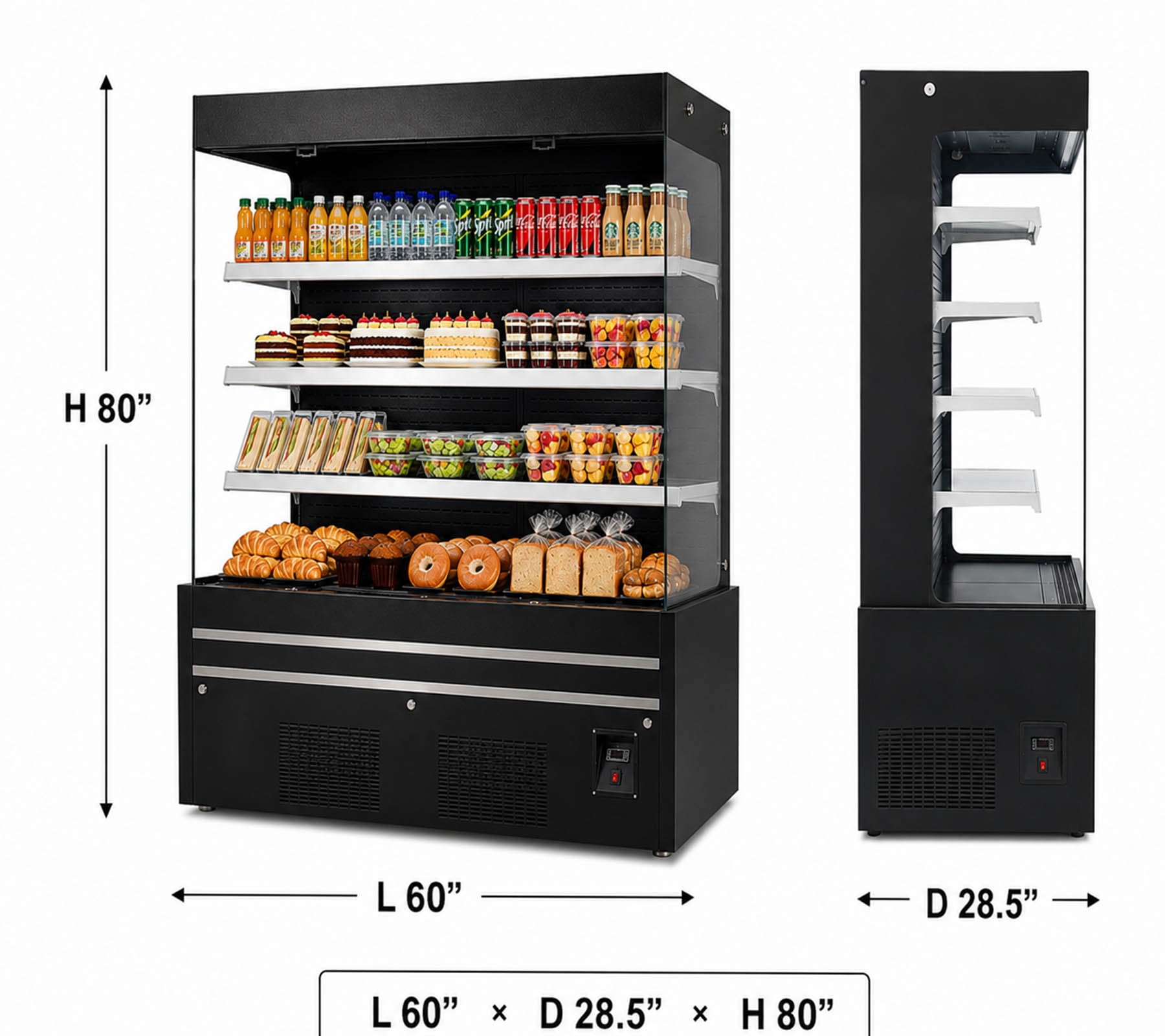 60 in W 34 Cu. ft. Commercial Open Air Display Merchandiser Refrigerator, Vertical Grab & Go Refrigerated Showcase, Black, ETL Certified