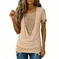 thumbnail image 2 of XUNKUSGA Blouses for Women Summer Fashion Sequin Cowl Neck Short Sleeve Tops For Women Loose Soild Color Ruffled Layered Ladies Tops and Blouses S-5XL,Beige, 2 of 9