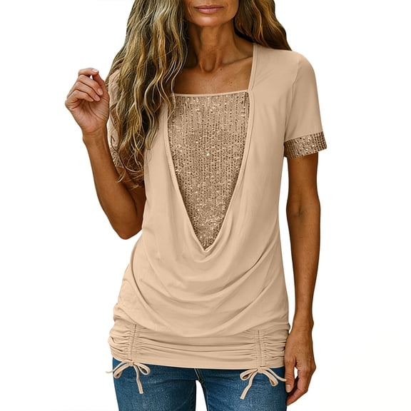 Craaazy Women's Round Neck Short-Sleeved Pullover Tops with Sequins Gifts