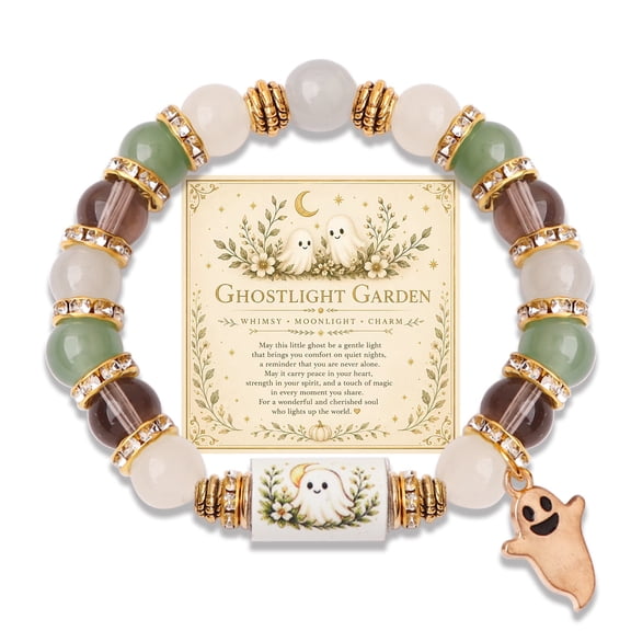 Halloween Beaded Bracelet for Women and Girls, Cute Ghost Design with White Green Brown Beads, Ghost Charm, Spooky Season Costume Party Accessory and Halloween Gift