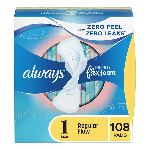 Always Infinity Feminine Pads for Women, Size 1 Regular, with Wings, Unscented, 108 Ct
