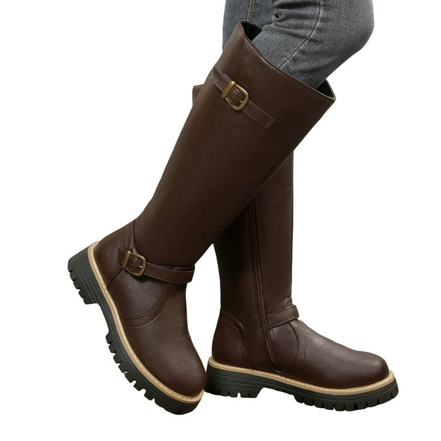Pandaie Knee High Boots Women Pull on Wide Calf Motorcycle Riding Long Boots Retro Buckles Chunky Low Heel Fall Winter Boot Brown 7