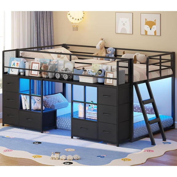 Toogaho Twin over Twin Bunk Bed with Storage Drawers & Bookshelf,LED Metal Loft Bed Frame with Guardrail,Black