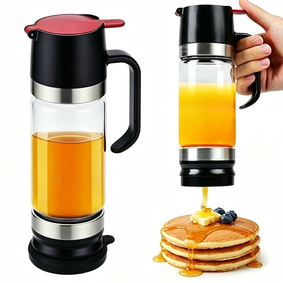 WEEUSE Honey Dispenser No Drip, 12oz Glass Syrup Dispenser with Press Lid, Leakproof Honey Jar with Silicone Seal, One-Hand Use for Honey, Oil, Sauces