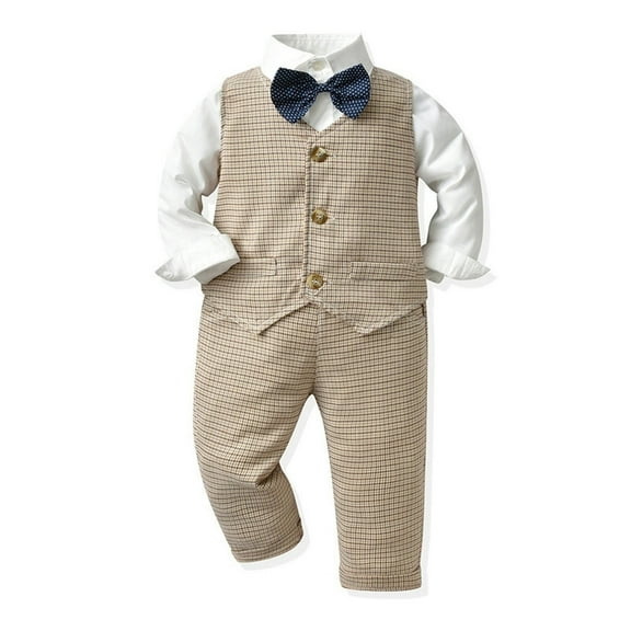 TEDOYE Toddler Boys Long Sleeve T Shirt Tops Plaid Prints Vest Coats Pants Child Kids Gentleman Outfits Classic Wear, 9-12 Months