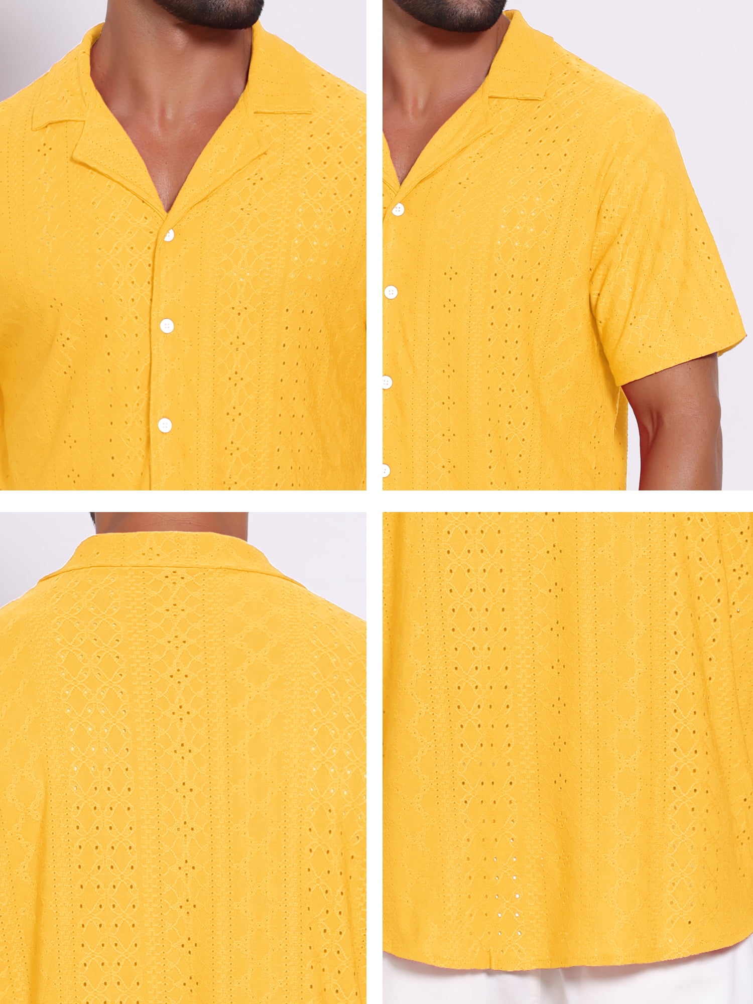 DARING DIVA Men's Hollow Texture Knit Short Sleeve Camp Collar Shirt 2XL Yellow