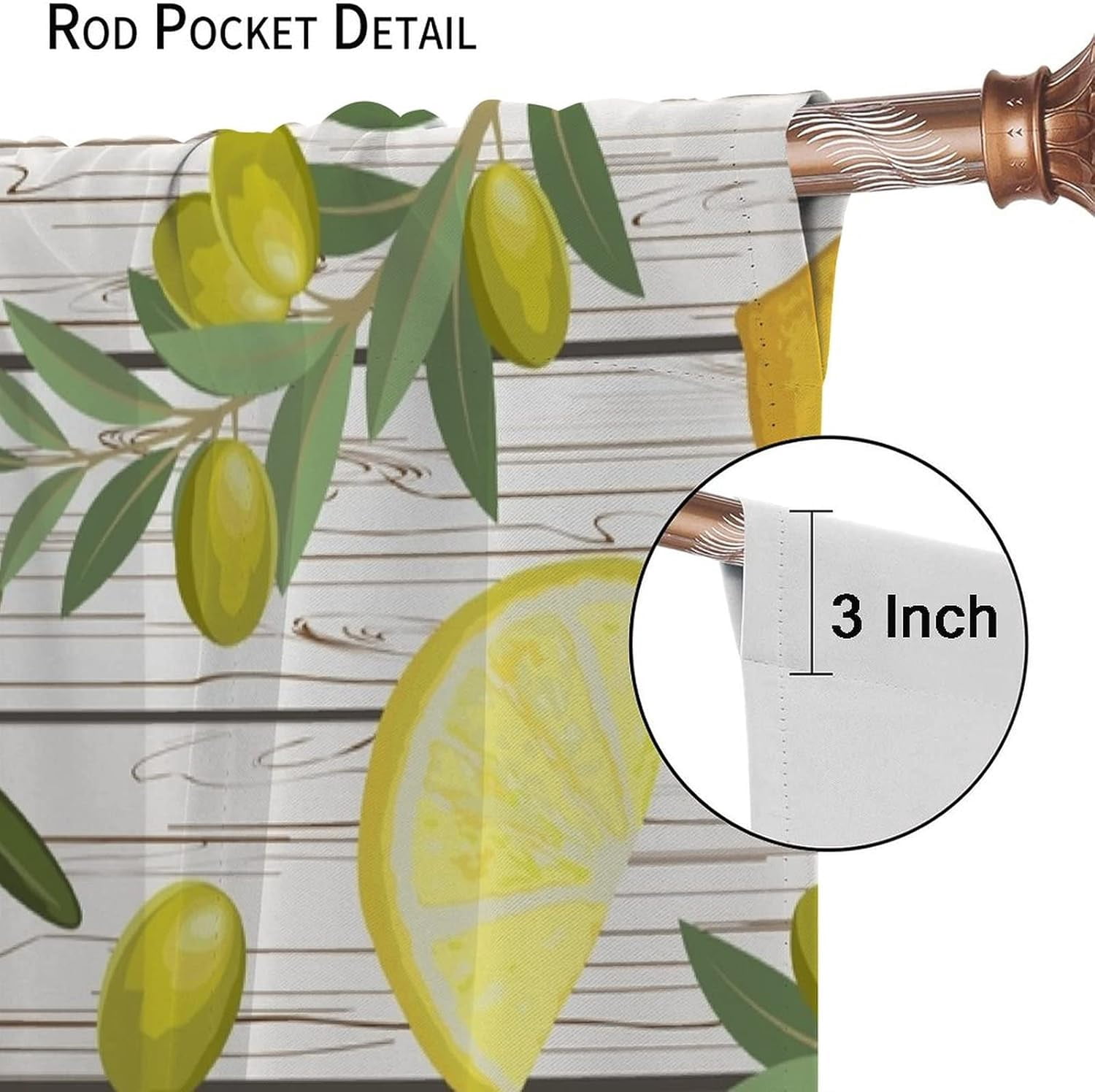 Lemon and Olive Shade Curtains, Yellow Lemon and Black Olive Branches On Wood Background, Bedroom Living Room Rod Pocket Design, 2 Sets of Panels, 52x84 Inches.