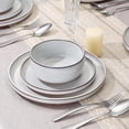 thumbnail image 4 of Stoneware Dinnerware Sets for 4, 12 Pieces Reactive Glaze Plates and Bowls Sets, Elegant Dishes with Rustic Terracotta Base, Dishwasher & Microwave , Scratch Resistant, Glacier White, 4 of 5