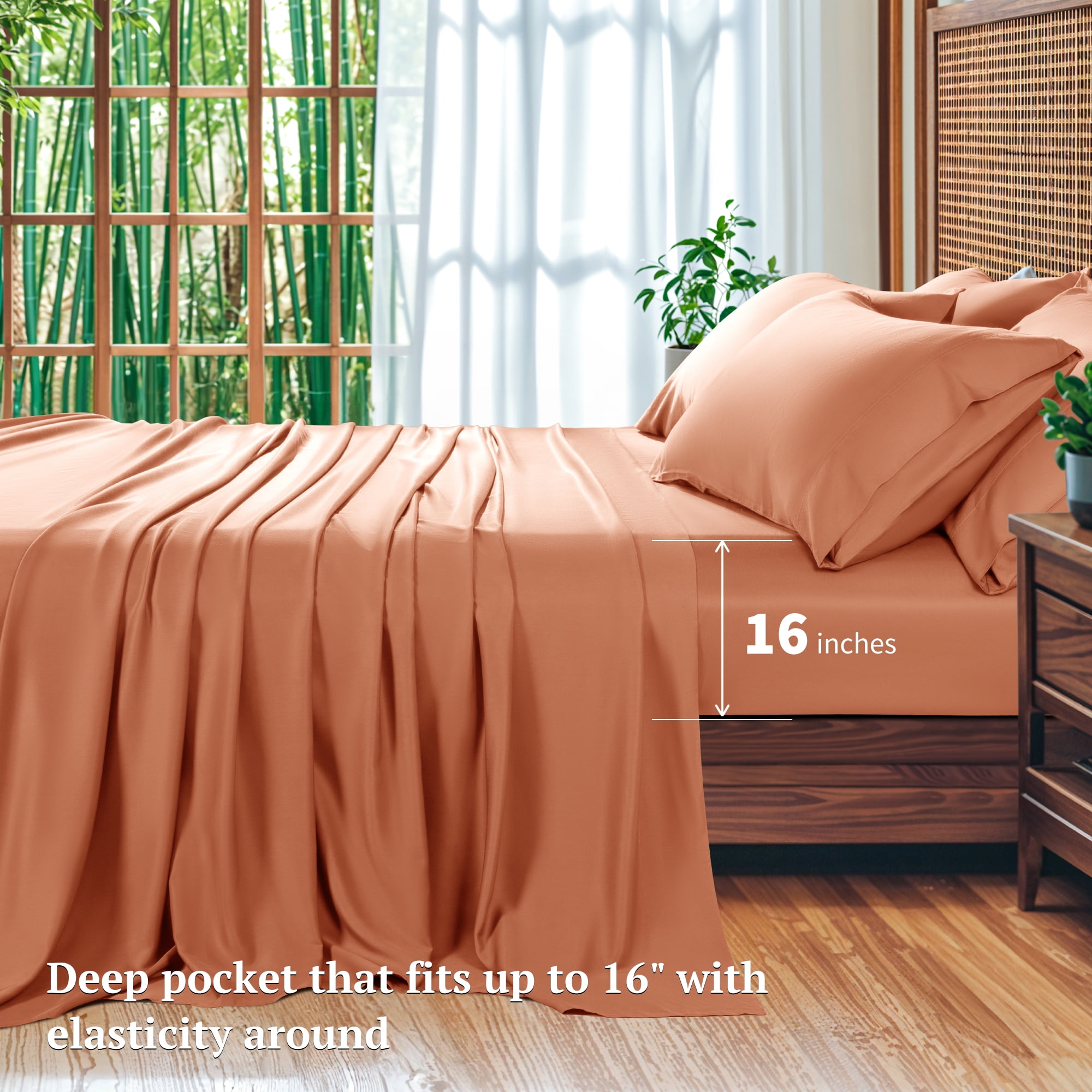 SONORO KATE 6 Pieces Bamboo Bed Sheets Set, Luxury Rayon Derived - Deep Pockets - Wrinkle Free - Extremely Soft, Queen, Coral