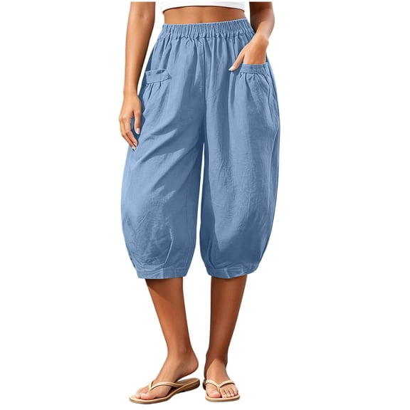 TEAJOPSUU Womens Taper Capri Pants Loose Elastic Waist Baggy Wide Leg Cinching Bottom Capris Trousers with Pockets Summer Beach Casual Wear A-Light Blue