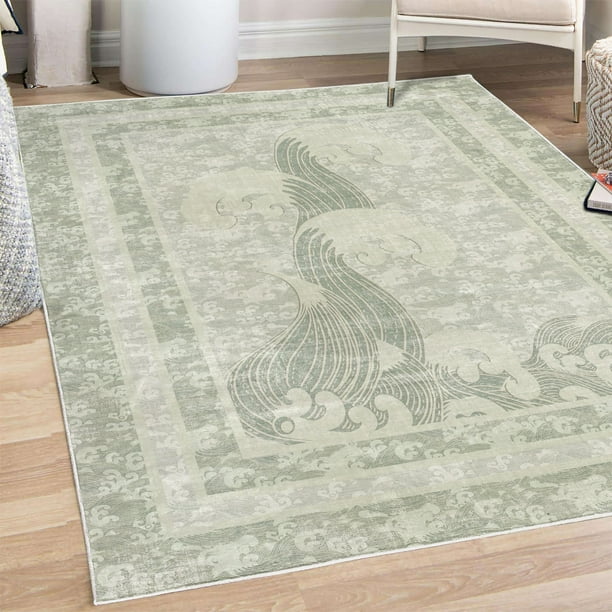 Asian Area Rug With Non Slip Backing, Beach Themed Bedroom Area Rugs