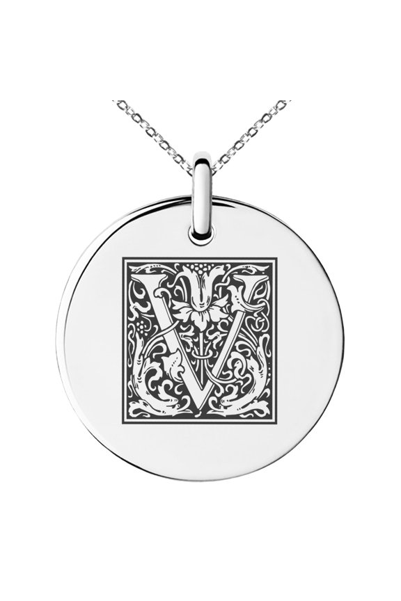 Stainless Steel Letter V Initial Floral Box Monogram Engraved Small Medallion Circle Charm Pendant Necklace