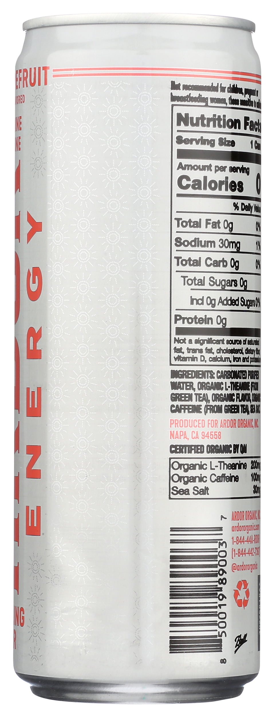 Pack of 12, Ardor Organic Inc Pink Grapefruit Energy Sparkling Water, 12 fl oz