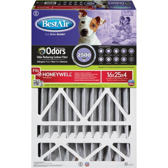 BestAir Air Cleaning Furnace Filter - MERV 11, Carbon, Odor Reduction - 1 Pack, 16 x 25 x 4